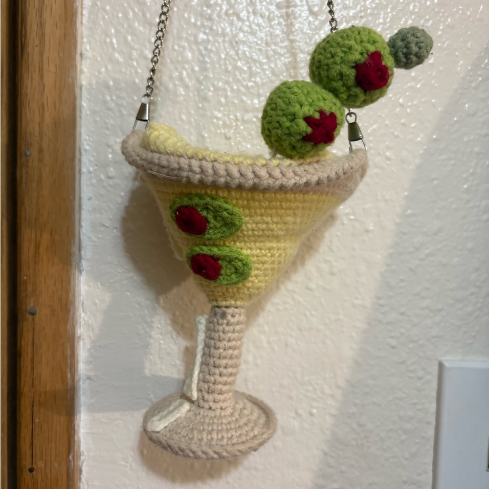HANDMADE OOAK Crochet Martini Glass Purse with Olive novelty kitch camp mini bag